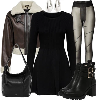 Outfit s Černá/Hnědá/Tmavě hnědá/Šedá Motorkářské Bund/Kožené Bund/Neobvyklá bunda/Bunda z Jehněčí Kůže/Krátký Bund/Vintage Bund/Kožená vintage bunda/Krátký Bund/Kožená Bomber Bund/Bunda z Umělé Kůže/Pilotní Bunda Only "Zimní outfity"