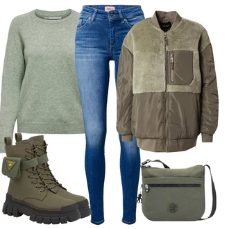 Outfit s Tmavě zelená Nepromokavá Kozačka/Trekingová Bota/Bojová Bota Dockers by Gerli "Zimní outfity"
