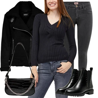 Nadrozměrné Outfit s Černá Kožená bunda/Chelsea Boty/Plochá Kotníková Bota/Kožená kotníková bota Only "Zimní outfity"Look: Gotický, S Mokrým Vzhledem, Šik, Lak, Premium, Glamourové, Nadrozměrné, Metal, Trendový, Elegantní