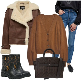 Pravá Kůže Outfit s Černá/Hnědá Kožená kotníková bota/Motorkářská bota/Kotníková Bota s Podšívkou/Plochá Kotníková Bota/Kožená bunda/Gumová Kotníková Bota/Klasická kozačka Guess "Zimní outfity"
