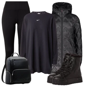 Streetwear Outfit s Černá/Tmavě modrá/Tmavě šedá Sportovní Mikina/Kožená bunda Nike "Zimní outfity"Look: Nadrozměrné, Příliš oblečený, Streetwear