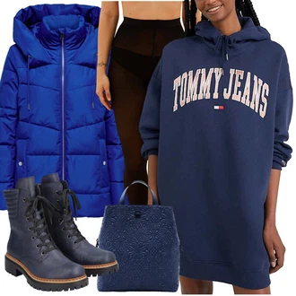 žakár Outfit s Tmavě modrá/Modrá/Světle modrá Šaty Nadměrná velikost šatů/Mikinové Šaty Tommy Jeans "Zimní outfity"