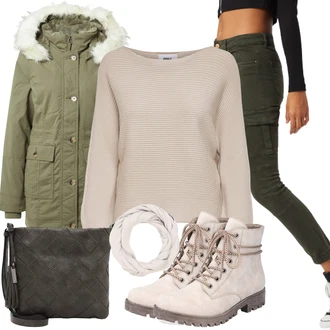 Outfit s Tmavě Zelená/Zelená Zimní Parka/Parka Přechodová Bund/Zimní Bund/Bundeswehr Parka Hollister "Zimní outfity"