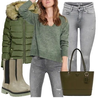 Outfit s Khaki/Tmavě zelená/Béžová/Hnědá Kozačka Kožená bunda/Gumová Kotníková Bota/Holínky/Chelsea Boty Tom Tailor "Zimní outfity"