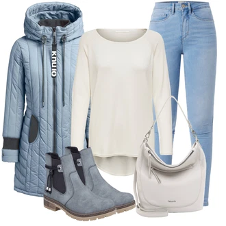 Outfit s Šedá/Tmavě Modrá/Modrá Letní kotníková Kozačka/Gumová Kotníková Bota/Zimní kotníková bota/Kotníková Bota s Podšívkou/Kožená bunda/Plochá Kotníková Bota/Chelsea Boty Rieker "Zimní outfity"