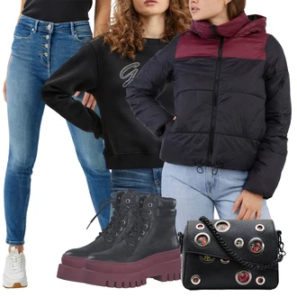 Outfit s Sv?tle modrá/Modrá Ko?ená bunda/Slim Fit D?íny/Kotníková Bota/Ko?ené Boty/High Waist D?ínové Kalhoty/D?íny s Rozparkem/Navlékací d?íny/Push up D?ín Guess "Zimní outfity"