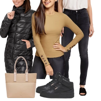 Outfit s Černá/Světle šedá/Šedá/Tmavě šedá Kožená bunda/Kotníková Bota/Slim Fit Džíny/Džíny s Rozparkem/Zimní bunda/High Waist Džínové Kalhoty/Kožené Boty/Push up Džín/Motorkářské Džíny Ichi "Zimní outfity"