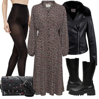 Podzim Outfit s Fialová/Hnědá/Šedá Šaty S Potiskem/Šaty s dlouhým rukávem/Košilové šaty/Zimní šaty s dlouhým rukávem/Šaty Niki/Šaty na Podzim/Tvidové šaty/Šaty S Kosticí/Dlouhé pletené šaty/Zavinovací Šaty/Halenkové Šaty Noisy may "Zimní outfity"