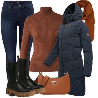 Outfit s Modrá/Tmavě modrá/Světle modrá Zimní Kabát/Péřový Kabát/Kabát se Zipem/Kabát s Kapucí/Dlouhý Péřový Kabát/Prošívaný kabát/Dlouhý Zimní Kabát Ragwear "Zimní outfity"