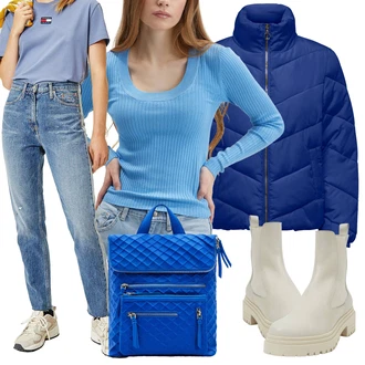 Krásný Outfit s Modrá/Světle modrá/Lilové barvy/Fialová Kožená Pánská Bund/Džíny Regular Fit/Mom Jean/Girlfriend Džíny/Vintage džíny/Zužující se Džíny/Dad Džíny/Formální Košile Tommy Jeans "Zimní outfity"Look: 70tá léta, Ležérní, Cool, Egirl, Francouzské, Mom, Krásný, S průsvitem