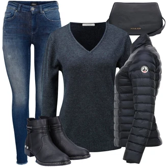 Výstřih na ramena Outfit s Tmavě modrá/Modrá Bunda Zimní Bund/Udržitelná Bunda/Prošívaná Bunda/Nafukovací Bund/Sbalitelné Bund/Letní peřová Bunda/Bunda z umělých vláken/Puchová Bund "Zimní outfity"