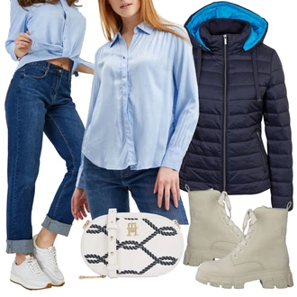 Outfit s Tmavě modrá/Bílá/Krémová Taška Přes Rameno/Pásková taška/Pletená taška/Bagetová taška/Ledvinka/Malá Taška/Kosmetická Taštička Tommy Hilfiger "Zimní outfity"