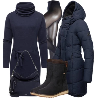 Pavla Outfit s Tmavě Modrá/Modrá Zimní Kabát/Prošívaný kabát/Přechodový Kabát/Dlouhý Péřový Kabát/Kabát s Kapucí/Péřový Kabát/Dlouhý Zimní Kabát Ragwear "Zimní outfity"