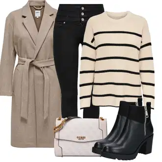 Outfity na zimu Pruhovaný s Krémová/Tmavě modrá/Béžová/Bílá Jednoduchý Svetr Only "Zimní outfity"
