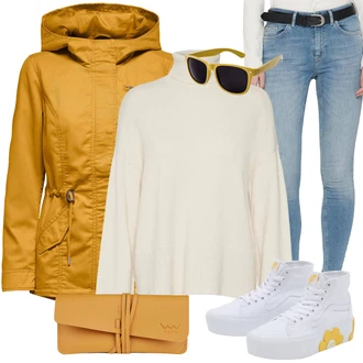 Outfit s Krémová/Žlutá/Bílá Vintage Teniska/Plátěná Teniska/Teniska na platformě/Skate Bota/Teniska s dírkovaným vzorem/Teniska teddy/Letní Tenisky Vans "Zimní outfity"