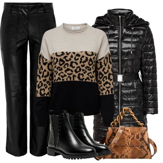 Lak Outfit s ?erná Koza?ka Ko?ená bunda/Chelsea Boty/Plochá Kotníková Bota/Ko?ená kotníková bota Only "Zimní ve?erní outfity"Look: Gotický, S Mokrým Vzhledem, ?ik, Lak, Premium, Glamourové, Nadrozm?rné, Metal, Trendový, Elegantní