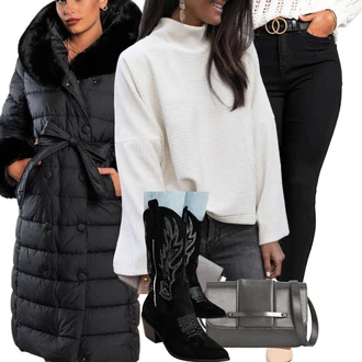 Z zadrgo spredaj outfit mit Bež Škorenj z zadrgo/Škornj s Platformo/Škornj z visokimi petami "Zimski outfit"
