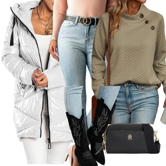 Z zadrgo spredaj outfit mit Bež Škorenj z zadrgo/Škornj s Platformo/Škornj z visokimi petami "Zimski outfit"