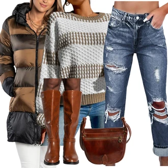 outfit mit Siva Kavbojke Visokega Pasu/Kavbojka z Nizkim Pasom/Kavbojke z Razporkom/Kavbojke Sproščenega & Ohlapnega Kroja/Usnjena Jakna "Zimski outfit"