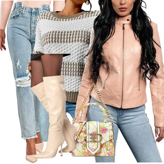 Dolga outfit mit Roza/Bež/Modra Kavbojke Visokega Pasu/Kavbojka z Nizkim Pasom/Kavbojke z Razporkom/Kavbojke Sproščenega & Ohlapnega Kroja "Zimski outfit"