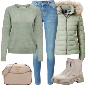 Outfit sa Smeđa/Siva/Bež/Kaki Chelsea Gležnjača/Tenisica Tenisice s patentnim zatvaračem sa strane/Ravna Gležnjača/Podstavljena Gležnjača/Kožna Jakna/Čizma s patentnim zatvaračem Tamaris "Zimski look"