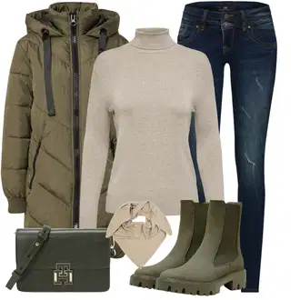 Krátká Outfit s Tmavě zelená/Khaki Zimní Kabát/Prošívaný kabát/Parka/Přechodový Kabát/Dlouhý Péřový Kabát/Péřový Kabát/Kabát se Zipem JdY "Zimní Outfit"