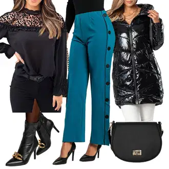 Elegantan Outfit sa Crna Bluza s Volanima "Zimski outfit"Look: Elegantan, Elegantna