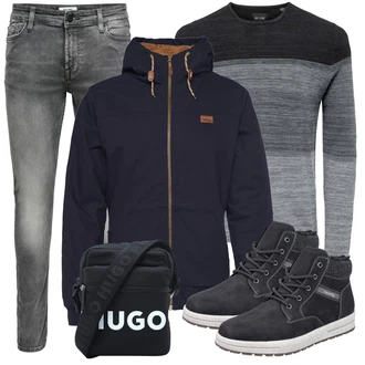 Outfit mit Grau/Dunkelblau/Dunkelgrau Strick Top/Rollkragenshirt/Ringelshirt/Langarm-Shirt/Sport-Top Only & Sons "Alltag Outfit"