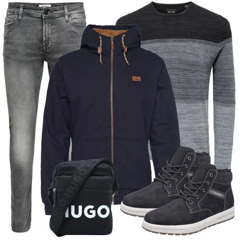 Grau/Dunkelblau/Dunkelgrau Strick Top/T-Shirt Rollkragenshirt/Ringelshirt/Langarm-Shirt/Sport-Top Only & Sons kombinieren