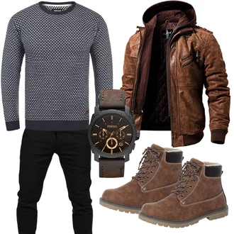Motorrad Outfit mit Dunkelbraun/Braun Kapuzenjacke/Außergewöhnliche Jacke/Herbstjacke/Jacke mit Seitlichem Reißverschluss/Winterjacke/Kunstlederjacke/Bikerjacke/Leder Bomberjacke/Motorradjacke/Vintage Lederjacke FLAVOR "Alltags Outfit"Look: Motorrad, Reiten