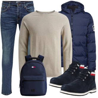 Outfit mit Beige/Khaki/Weiß Rollkragenshirt/Langarm-Shirt/Strick Top/Klassische Länge Jack & Jones "Alltags Outfit"