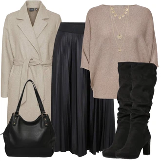 Elegantní Outfit s Černá/Šedá/Tmavě šedá Sukně do Délky Lýtka/Křesťanská Sukně/Dlouhá Sukně/Maxi sukně/Midi Sukně/Moderní Sukně/Plisovaná sukně/Sukně Pro Matriku Vila "Perfektní na zimu"Look: Business, Cool, Disko, Elegantní, S Metall, Krásný, Old Money, Nadrozměrné, Klasické, 60. Let