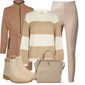 Outfit s Béžová/Hnědá/Khaki Kozačka Chelsea Boty/Kožená bunda/Gumová Kotníková Bota/Plochá Kotníková Bota Panama Jack "Stylový zimní outfity"