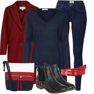 Outfit s Červená/Tmavě červená Přechodový Kabát/Blazerový Kabát/Kašmírový Kabát/Frock Kabát/Dlouhý kabát/Dlouhý Kabát/Midi Kabát/Letní Kabát/Trenčkot/Vintage Kabát/Vlněný Kabát/Zimní Kabát Vlněný kabát Vila "Outfity na zimu"