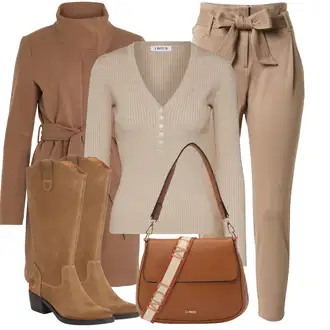 Outfit s Hnědá/Béžová Klasická kozačka/Kozačka po Kolena/Jezdecká Bota/Kovbojská Bota/Dlouhá Kozačka/Vintage kozačka/Kozačka se zipem/Bota se širokým nohavici Apple of Eden "Teplé zimní oblečení"
