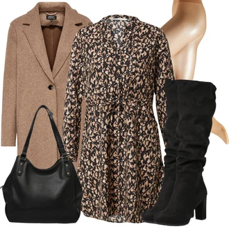 Dlouhé Outfit s Béžová/Hnědá Košilové šaty/Halenkové Šaty/Šaty s dlouhým rukávem/Šaty na Podzim/Tunikové šaty/Zimní šaty s dlouhým rukávem/Šaty S Potiskem Only "Stylový zimní outfity"