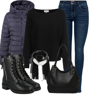 Motorka Outfit s Černá Kozačka Motorkářská Bota/Bojová Bota/Motorkářská bota/Šněrovací Kotníková Bota/Kozačka se zipem About You "Módní zimní outfit"Look: Potápění, Jízda na koni, Pracovní, Motorka