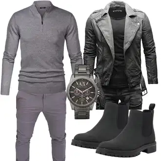 Business Outfits Rockige mit Schwarz/Dunkelgrau/Grau Motorradjacke/Wachsjacke/Bikerjacke/Kunstlederjacke/Jacke mit Seitlichem Reißverschluss/Lederjacke Crone "Buro Outfit"Look: Vintage, Techno, Coole, Moderne, Rockige, Retro