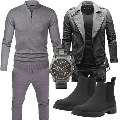 Schwarz/Dunkelgrau/Grau Motorradjacke/Wachsjacke/Bikerjacke/KunstLederjacke/Jacke mit Seitlichem Reißverschluss/Lederjacke Crone kombinieren