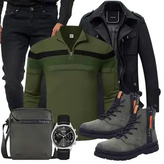 Büro Outfits Moderne mit Dunkelgrün/Grau/Dunkelgrau/Grün Wasserdichte Tasche/Militär Tasche/Mannstasche Bugatti "Buro Outfit"Look: Empire, Elegant, Sportlich, Premium, Moderne, Steampunk