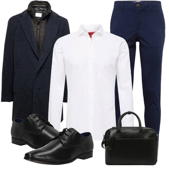 Outfit mit Dunkelblau Boucle Strickjacke/Strickjacke Tracht/Kaschmir-Strickjacke/Strickjacke Gefüttert/Lange Strickjacken/Stehkragen-Strickjacke/Winter Strickjacke/Wolle Strickjacke/Tweed Mantel/Blazermantel/Wollmantel/Gehröck/Wollmantel/Bouclé Mantel S.Oliver "Business Outfit"
