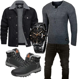 Midi Outfit mit Schwarz/Dunkelgrau Wasserdichter Stiefel/Winter Stiefel/Trekkingstiefel/Thermostiefel/Winter Stiefelette/Wasserfester Schuh/Winter Sneaker/Herren Lederschuhe Mishansha "Street Style Outfit"