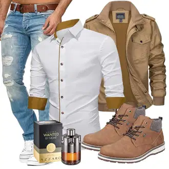 Büro Outfits Moderne mit Weiß/Khaki/Beige Hemdbluse/Casual Hemd/Business Hemd APOONABA "Casual Buro Outfit"Look: Dad, Zuhause, Classic, Western, Boyfriend, Elegant, Indoor, Casual, Business, Coole, Schön, Büro, Moderne, Smart Casual, Edel, Ausgefallene, Premium, Unisex