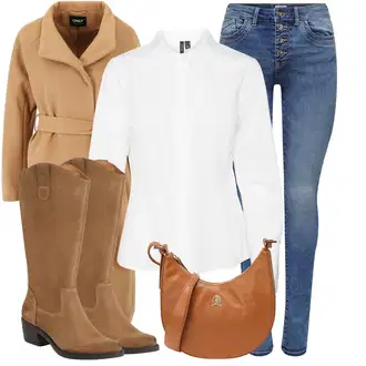 Outfit s Hnědá/Béžová Klasická kozačka/Kozačka po Kolena/Jezdecká Bota/Kovbojská Bota/Dlouhá Kozačka/Vintage kozačka/Kozačka se zipem/Bota se širokým nohavici Apple of Eden "Módní zimní outfit"