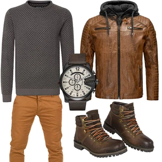 Outfit mit Braun/Dunkelbraun/Beige Jacke mit Seitlichem Reißverschluss/Wachsjacke/Vintage Lederjacke/KunstLederjacke/Lederjacke Redbridge "Casual Outfit"