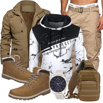 Outfit mit Khaki/Braun/Beige Trekkingstiefel/Schnürstiefel/Wasserdichter Stiefel/Herren Lederschuhe/Wattierte Stiefel/Winter Stiefel/Klassischer Stiefel/Winter Sneaker/Gefütterte Stiefelette/Winter Stiefelette Mishansha "Casual Outfit"