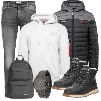 Logoprint Outfit mit Weiß/Hellgrau/Creme/Grau Ausgefallener Hoodie/Hoodie/Strick Hoodie/Partner Hoodie/Sport Hoodie/Unisex Hoodie/Vintage Hoodie Alpha Industries "Casual Outfit"