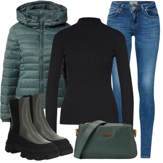 Outfit s Černá/Zelená/Tmavě Zelená Chelsea Boty/Kožená bunda/Gumová Kotníková Bota/Plochá Kotníková Bota/Bota na Platformě/Kotníková Bota s Podšívkou Only "Skvělý vzhled pro volný čas"