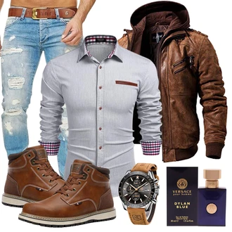 Outfit mit Beige/Braun/Dunkelbraun Winter Stiefelette/Winter Stiefel/Schnürstiefel/Winter Sneaker/Gefütterte Stiefelette/Sicherheitsschuh/Herren Lederschuhe/Klassischer Stiefel/Wasserfester Schuh/Wasserdichter Stiefel AX BOXING "Cool Outfit"