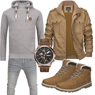 Outfit mit Khaki/Braun/Beige Trekkingstiefel/Schnürstiefel/Wasserdichter Stiefel/Herren Lederschuhe/Wattierte Stiefel/Winter Stiefel/Klassischer Stiefel/Winter Sneaker/Gefütterte Stiefelette/Winter Stiefelette Mishansha "Cool Outfit"